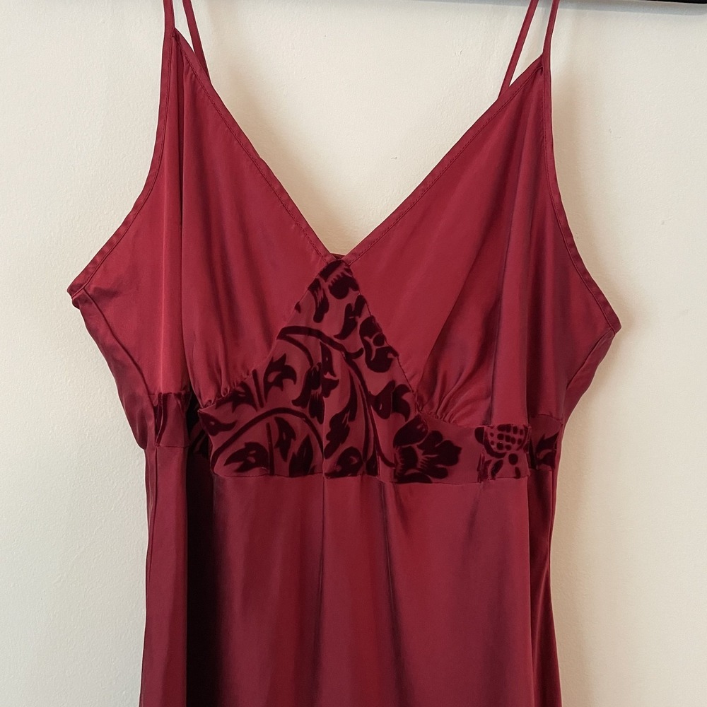 VTG 100% Silk Babydoll Slip Dress Wine Size L Tie Back Burnout Velvet Romantic - Picture 4 of 11
